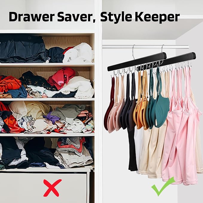 2 Pack Bra Hanger for Closet Organizer, Premium Wooden Tank Top Hangers with 36 Foldable Hooks, 360° Rotating Design, Space Saving Storage for Tank Tops, Bras, Scarves and More, Black