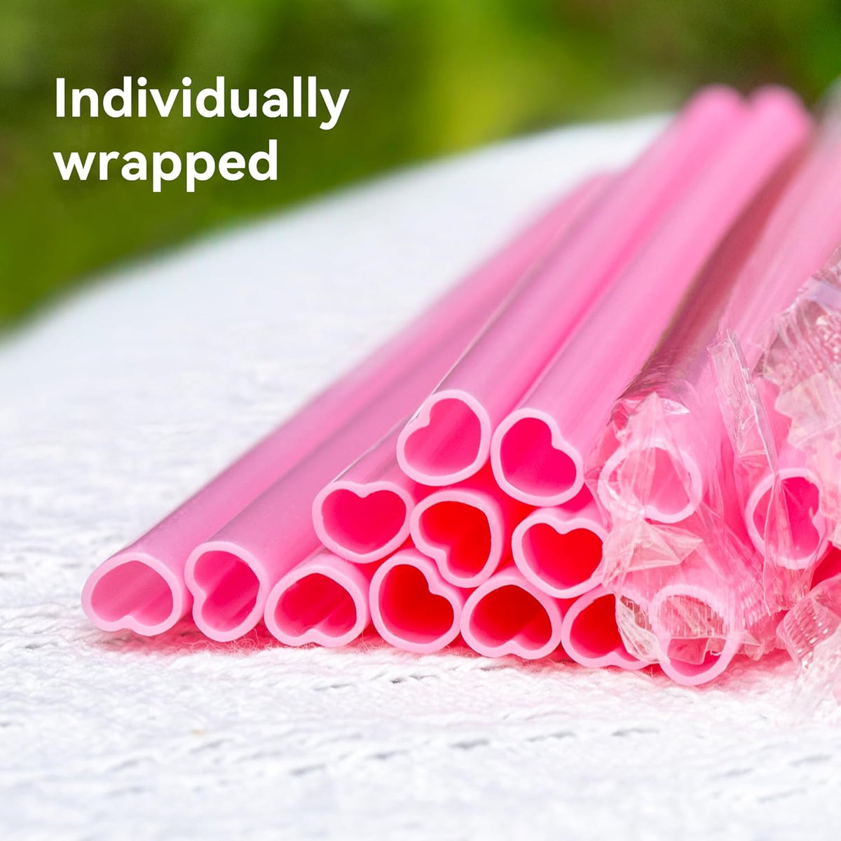 Skiennix Heart Shaped Pink Straws - 50pcs Individually Wrapped Disposable Drinking Straws for Parties & Events