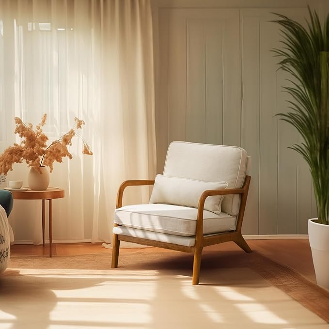 Bonnlo Fine Linen Beige Mid Century Modern Accent Chair, Soild Wood Padding Lounge Armchairs Side Sitting Chairs for Living Room, Bedroom, Guest Room