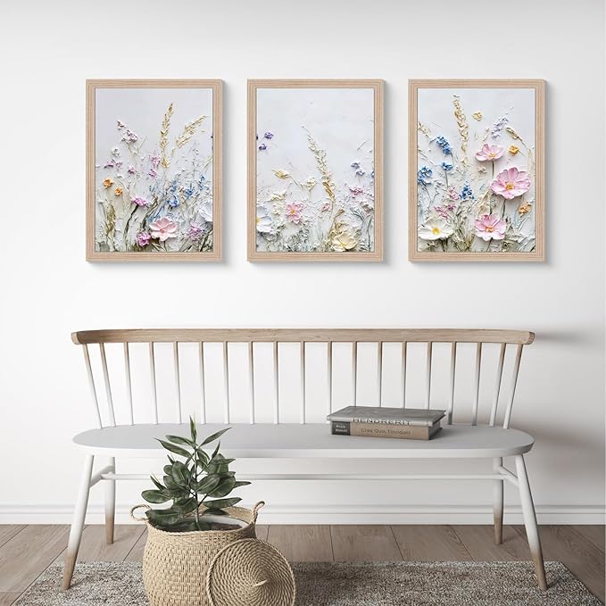 Framed 3D Floral Texture Canvas Wall Art Relief Textured Floral Oil Painting