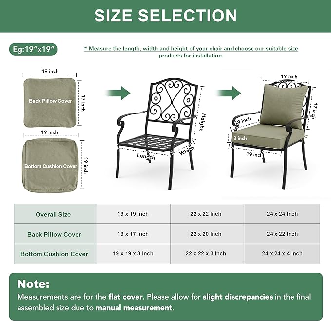 Summsun Water Resistant Outdoor Chair Cushions, Faux Linen Backrest and Deep Seat Cushion Set with Ties, Removable Cover, Non-Slip Bottom for Patio Furniture, 22 x 22 Inch, Mocca Green, Set of 2