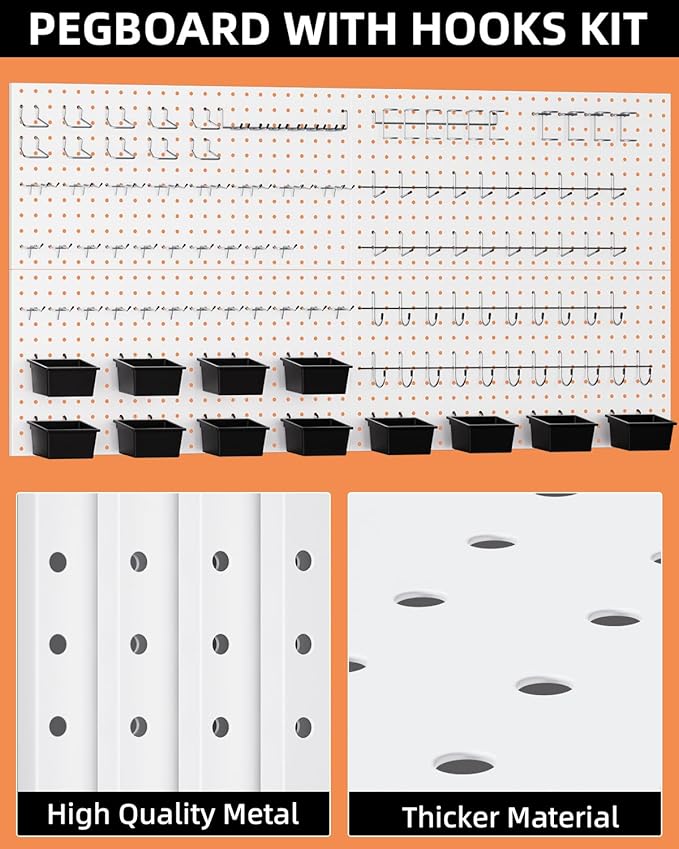 INCLY 158PCS Metal Pegboard Wall Organizer, 48x24 Inch White Pegboard Panels