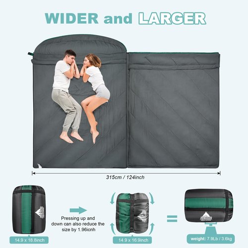 AGEMORE Double Sleeping Bag for Adults, Lightweight Queen Size 2 Person Sleeping Bag with Draft Tubes & Hood, Fit for Warm & Cold Weather Camping Hiking Backpacking Or Traveling