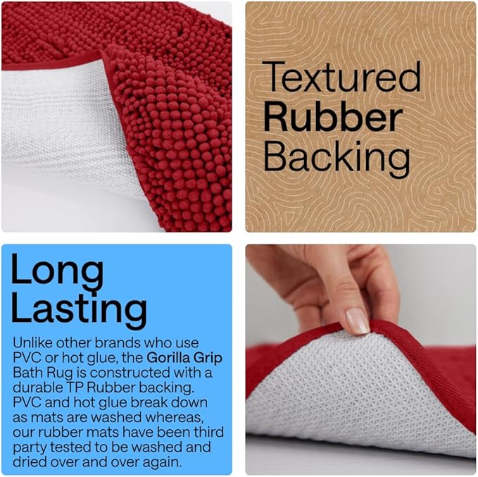 GORILLA GRIP Bath Rug Mat 60x24, Thick Soft Absorbent Chenille, Quick Dry Microfiber Mats, Rubber Backing Washable Shower Floor Rugs, Bathmat Runner, US Designed Bathroom Home Decor Accessories Red