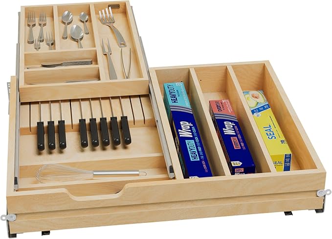 Rev-A-Shelf Two-Tier Kitchen Utensil Drawer Organizer & Pullout Cutlery Tray, Soft-Close Slides, 27" Cabinet Opening, Wood, 4WTCD-30HSC-1