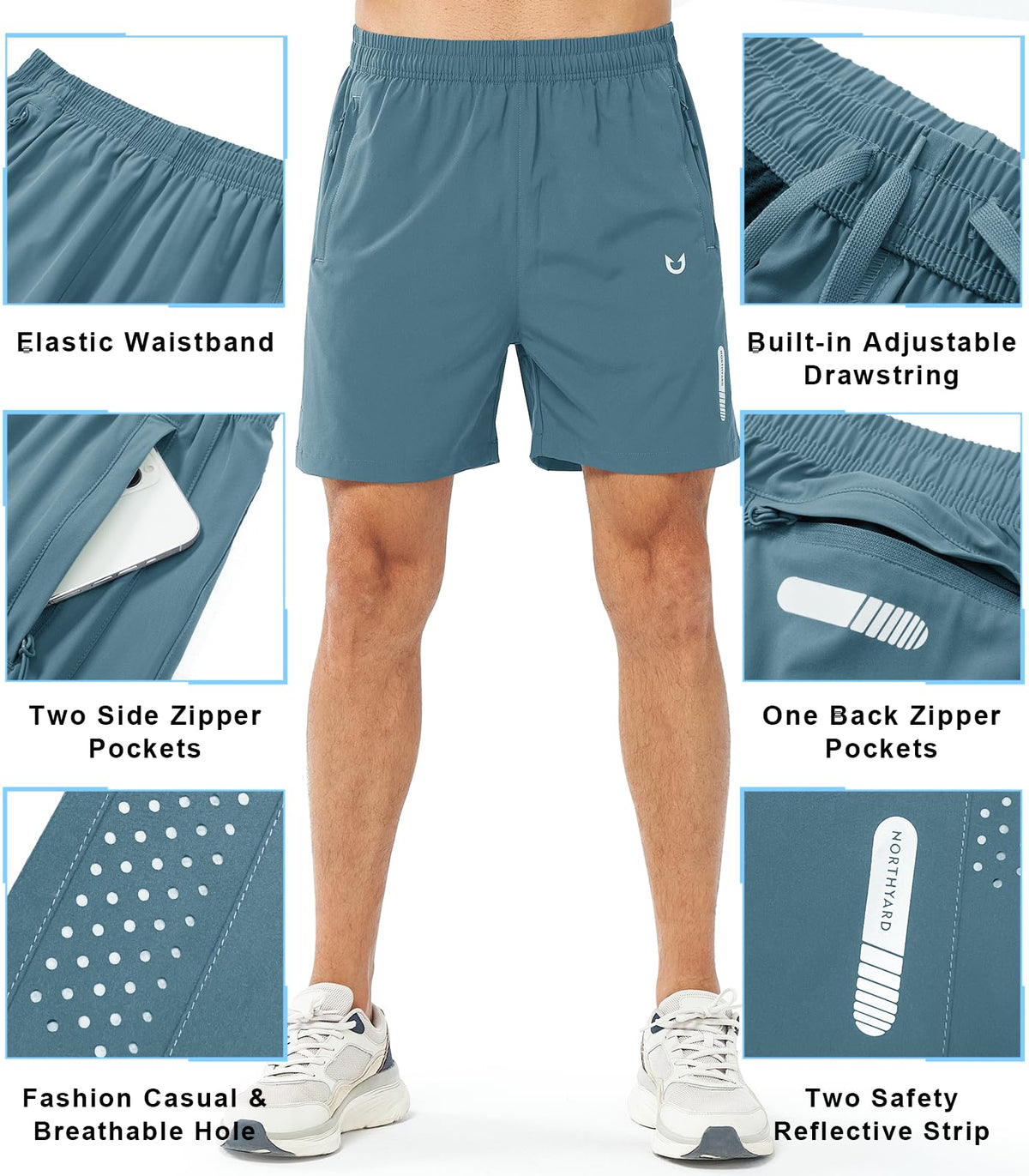NORTHYARD Men's Athletic Running Shorts Gym Workout 7"/9"/5" Quick Dry Lightweight Sports Basketball Tennis 3 Zipper Pockets GREYBLUE-5inch XL