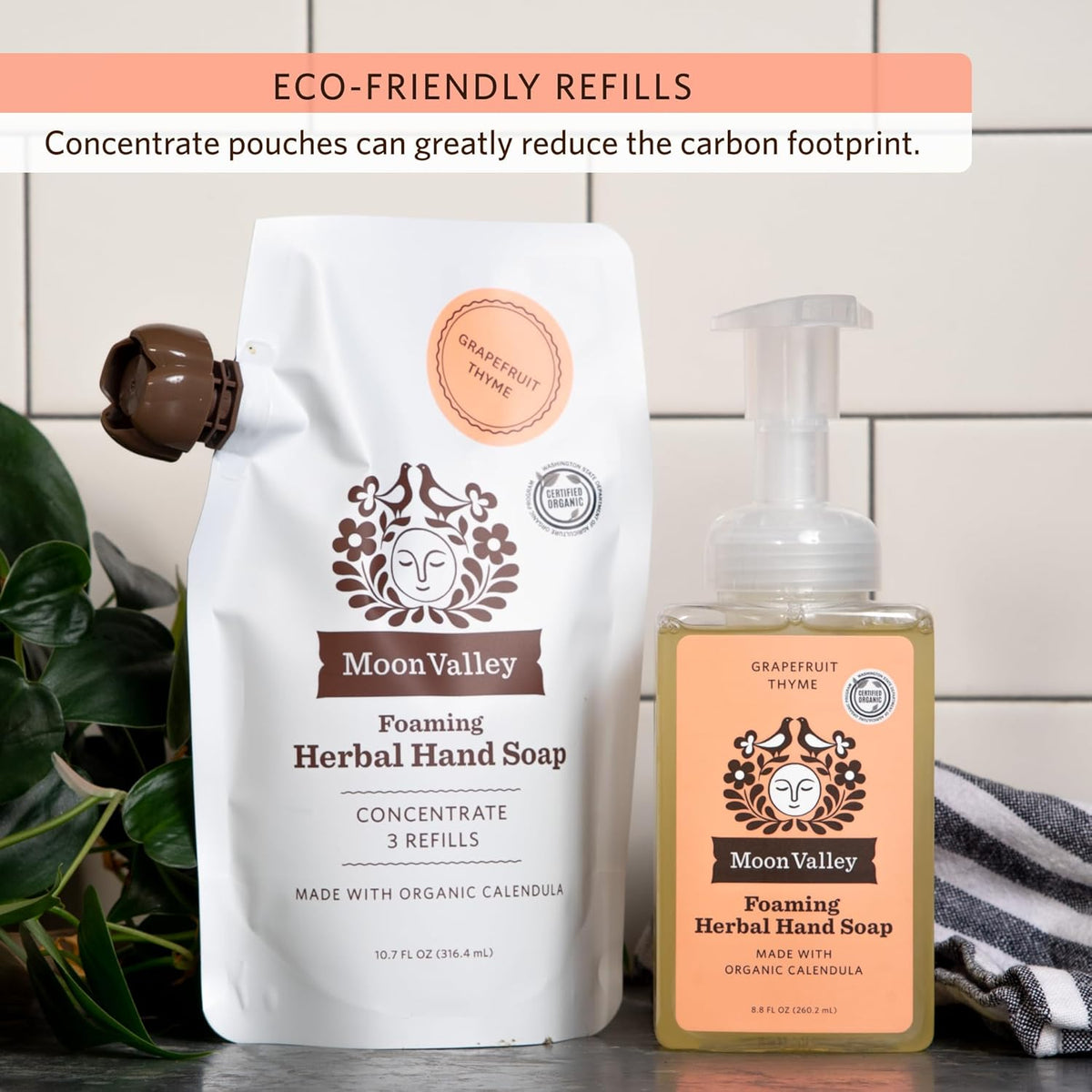 Moon Valley Foaming Hand Soap Refill Pouch, Two-Pack Grapefruit Thyme Soap, Vegan and Non-GMO, Environmentally Friendly Option