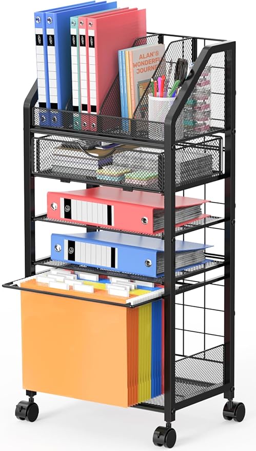 5 Tier Rolling File Cart with Drawer, Metal Office File Cart Organization with Sliding Trays, Teacher Carts with Wheels, Paper Letter Storage Hanging Files Folders for Workspace,Home,School Classroom