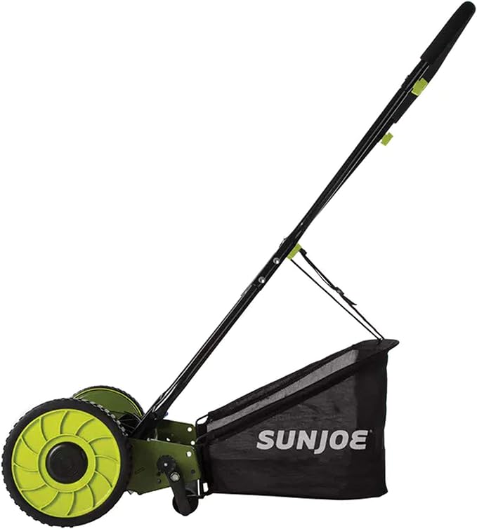Sun Joe Lawn Mower, 16 Inch Manual Reel Push Behind Machine, Outdoor Equipment with Removable Grass Catcher and Adjustable Cutting Height