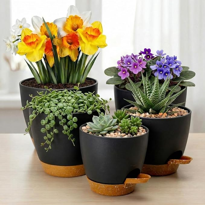 Remerry 15 Pcs 7/6.5/6/ 5.5/5 Inch Self Watering Planters with Drainage Hole Plant Pots Plastic Flower Pots Self Watering Pot and Saucer Reservoir for Garden Plant Flower(Black)