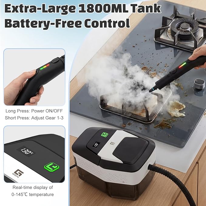 Handheld Steam Cleaner with On-Handle Control & Digital Display | 3 Level Pro Steam for Grease, Tile, Carpet | 45oz Tank, 10 Attachments for Home, Car, Kitchen Deep Cleaning (White)
