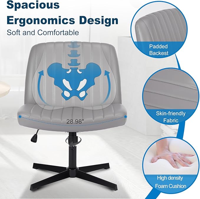 OLIXIS Criss Cross Legged Chairs Armless No Wheels Wide Seat Height Adjustable Swivel Padded PU Leather Home Office Desk Chair for Bedroom, Student, Study Room,Grey
