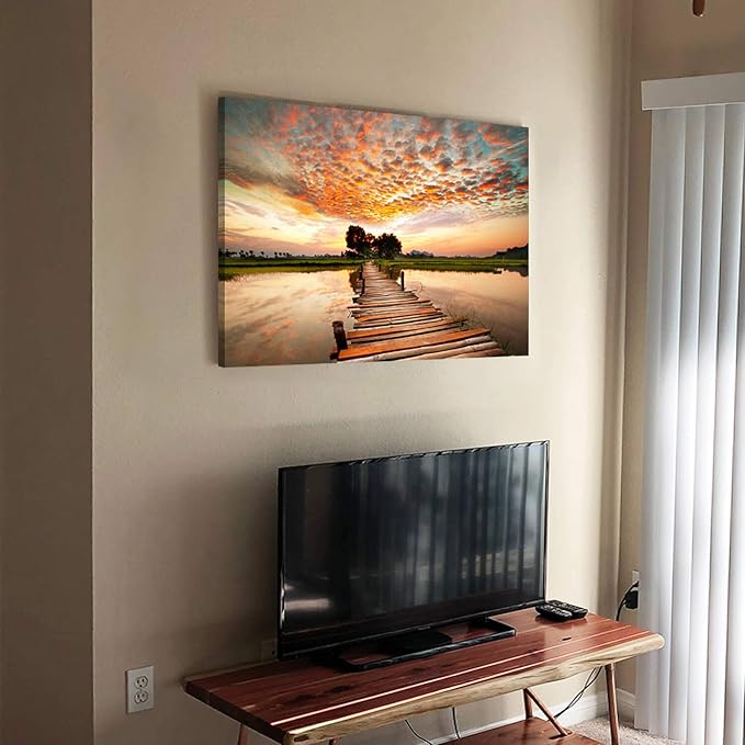Lake Pier Canvas Wall Art: Dock in Sunset Artwork Wooden Bridge Picture Boardwalk Painting for Office（36"x24"x1 panel）