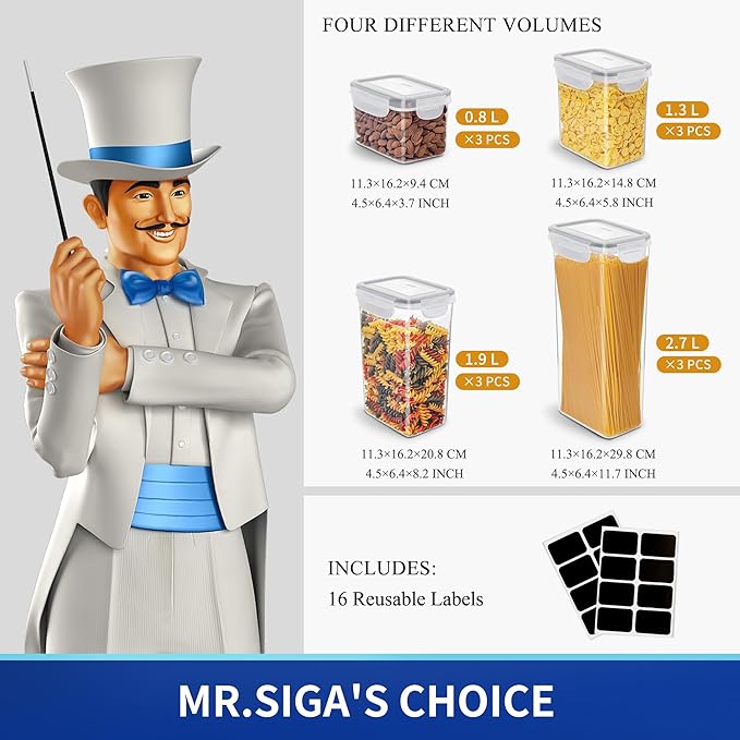 MR.SIGA 16 Pack Airtight Food Storage Container Set, BPA Free Kitchen Pantry Organization, Kitchen Canisters for Cereal, Spaghetti, includes 24 Reusable Sticker Labels