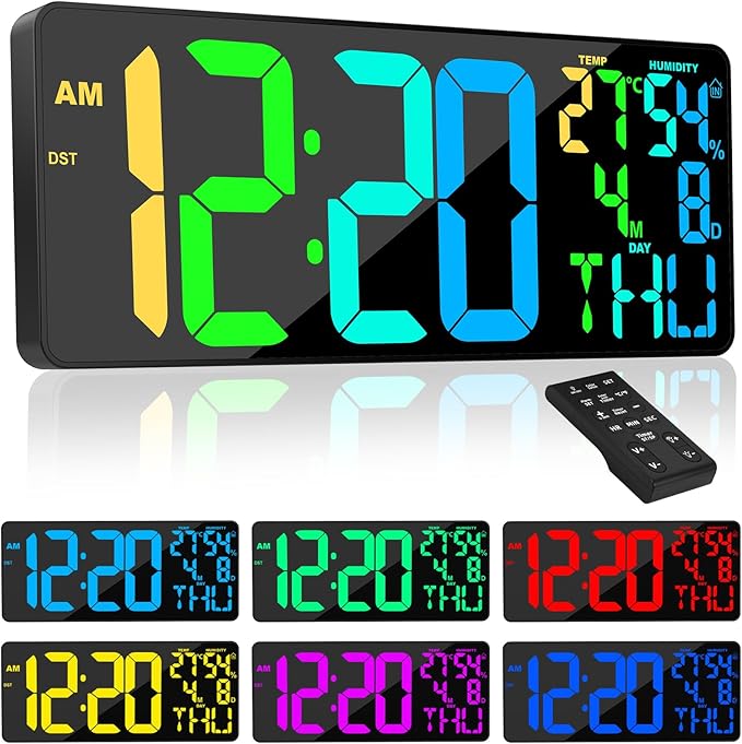 18" Digital Wall Clock Large Display, 11 RGB Color Changing Large Digital Wall
