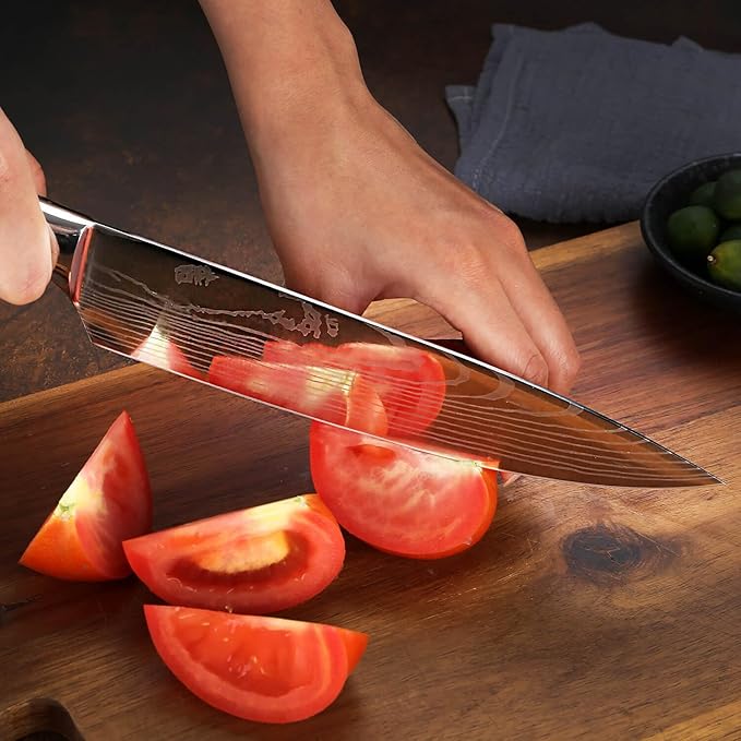 SENKEN 8-piece Japanese Kitchen Knife Set with Red Resin Handle and Laser Damascus Pattern - Crimson Collection - Chef's Knife, Santoku Knife, Paring Knife, & More - Ultra Sharp for Very Fast Cutting