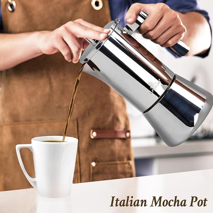 Stovetop Espresso Maker, 4Cup 6.8 oz Moka Pot, Stainless Steel Cuban and Italian Coffee Maker for Cafetera Cubana, Greca De Cafe Induction Stovetop Compatible, Coffee Gift for Home Travel