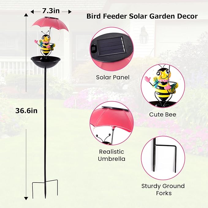 Solar Bird Feeder Garden Decor, Outdoor Bee Solar Lights with Umbrella, Hummingbird Feeder Decorative Path Lights Yard Art Ornament Bird Feeder (bee)