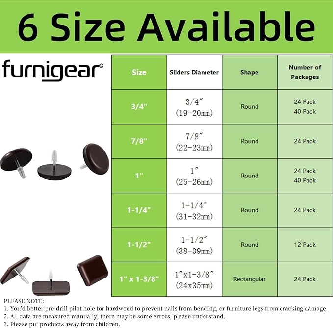 Furniture Glides Sliders-Furnigear PTFE (Teflon) Chair Leg Movers Sliders for Carpet Surface - Move Your Furniture Easy & Safely - Floor Protector (3/4" Nail, Brown-40pack, not for Wood Floors)