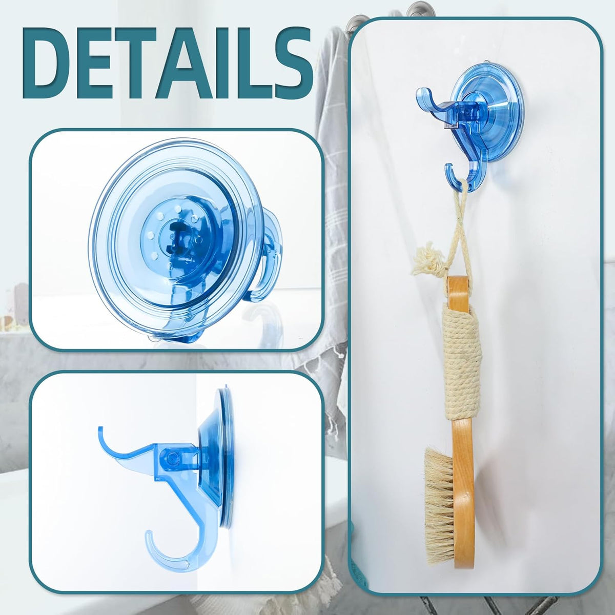 Antimbee 3 Pack Suction Hooks, Clear Suction Hangers for Shower, Bathroom, Glass, Door, Windows, Kitchen-Up to 11 lbs on Smooth Surface (Transparent Blue)