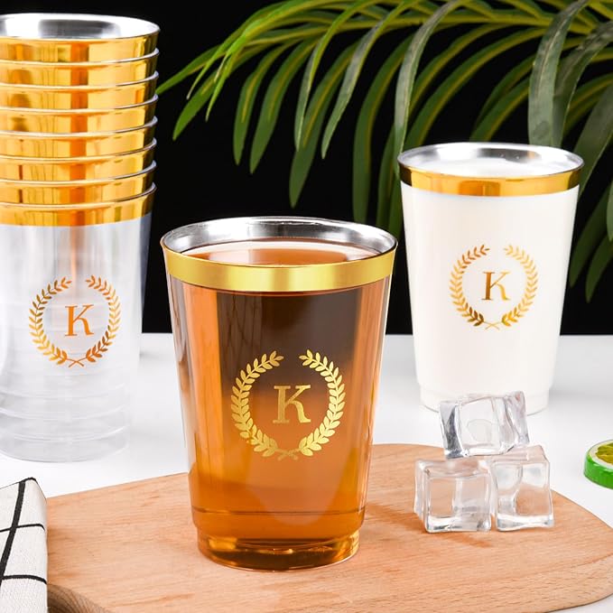 100 Pieces Monogrammed Plastic Cups Gold Foil Letter K Disposable Cups 12 oz Clear Initial Party Cups for Wedding Birthday Baby Shower Personalized Party Drinkware