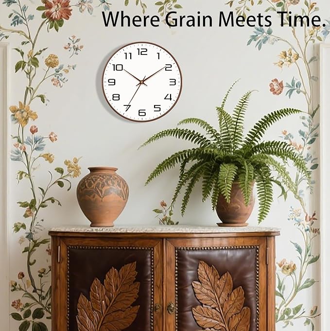 Woodgrain Wall Clocks Battery Operated 12 Inch, Large Easy-to-Read Silent