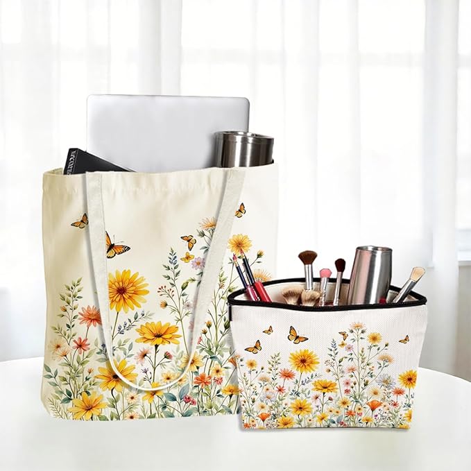 Flower Plant Lover Gifts for Women Canvas Tote Bag with Makeup Bag Cosmetic Bags Grocery Bags for Shopping Christmas