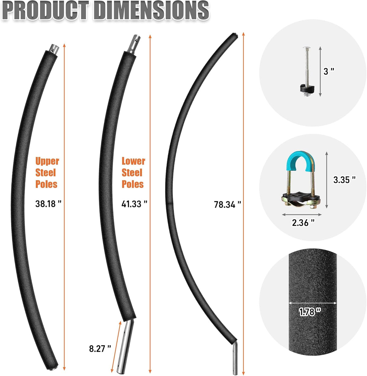 Skiennix Trampoline Curved Poles - Universal Replacement Enclosure for 8-16FT Frames | Foam Sleeve & Hardware Included