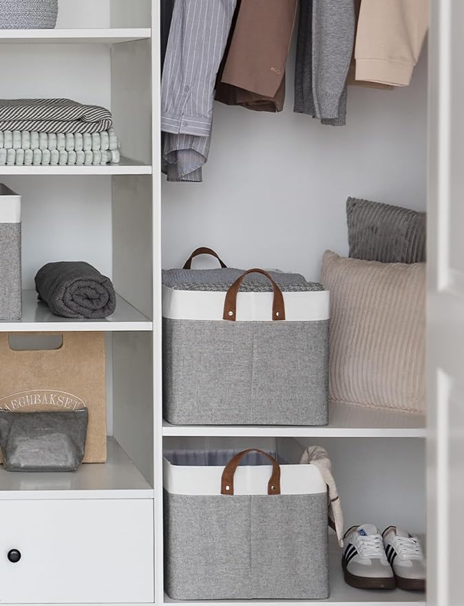 StorageWorks Storage Bins, Fabric Storage Bins for Shelves, Extra Large Storage Baskets with Metal Frame, Closet Baskets and Bins with Handles, Jumbo, Gray and White, 2-Pack
