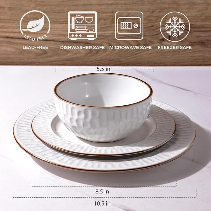 GBHOME Ceramic Dinnerware Sets,12 pcs Embossed Elegant Stoneware Plates and Bowls Sets, Housewarming Wedding Gift | Dishwasher & Microwave Safe | Dishes Set Service for 4
