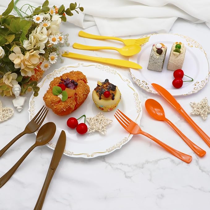 153 Pcs Thanksgiving Plastic Silverware Heavy Duty Disposable Cutlery Sets Includes Plastic Spoons Forks Knives for Thanksgiving Party Supplies (Yellow Orange Brown)