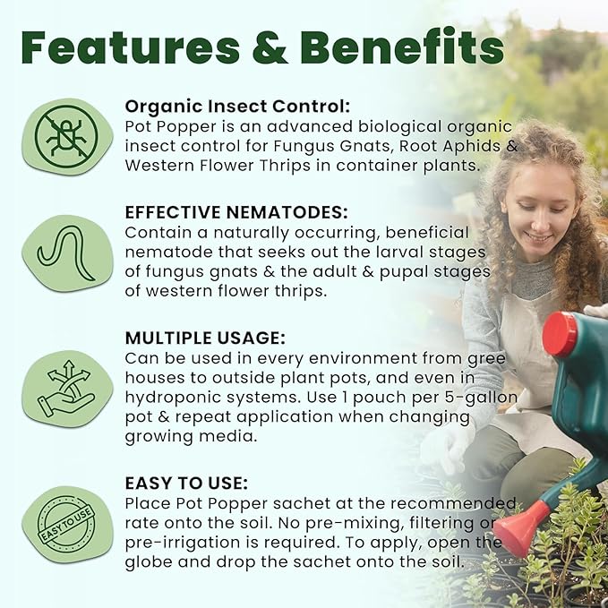 The Environmental Factor Pot Popper Organic Insect Control. Biological Pest Control with Slow-Release Nematodes for Fungus Gnats, Root Aphids & Western Flower Thrips in Containers - 40 Pouches