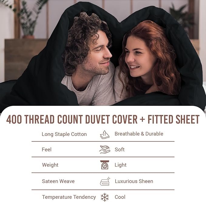 Pizuna 100% Cotton King 3 Pc Duvet Cover + 1 Pc Fitted Sheet Set 400 Thread Count Black Sateen Weave Luxurious Long Staple Cotton 4 Piece Bedding Set - 1 Duvet Cover, 2 Pillow Shams, 1 Fitted Sheet