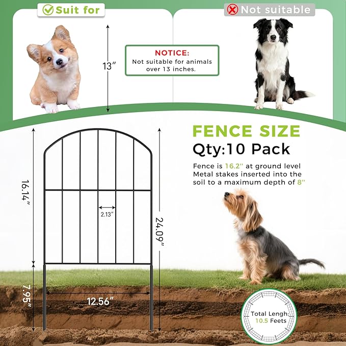 VANCASTLE Decorative Garden Fence Outdoor, Total 10.5ft (L) x 24in (H), Rustproof Metal Landscape Barrier Fence, Black Fence for Yard, Patio Lawn, 10 Panels