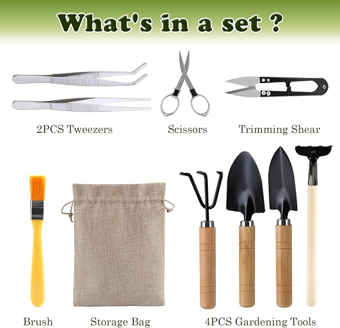 9PCS Basic Bonsai Tools Set, Bonsai Tree Kit Mini Garden Tools Includes Pruning Shears, Mini Rake, Fold Scissors and More