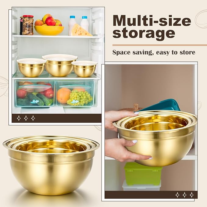 Baderke 7 Pcs Gold Kitchen Accessories Includes Stainless Steel Colander with Handles, 3 Gold Mixing Bowls with Airtight Lids and 3 Fine Mesh Strainer(Colander: 4 Qt, Mixing Bowls: 1/1.5/2 Qt)