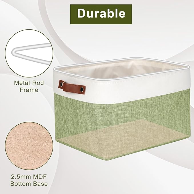 Storage Bins Large Fabric Storage Baskets for Shelves 3 Pack, Decorative Linen Closet Baskets with Handles for Organizing, Shelf, Clothes, Home, Office, 15x11x9.5Inches (Green&White)