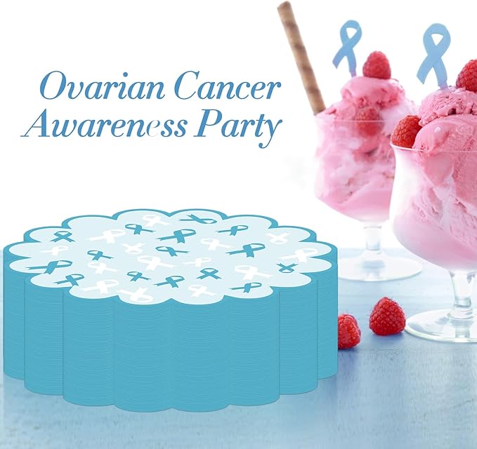 100 Pcs Ovarian Cancer Awareness Products 13.5" Scalloped Teal Ribbon Paper Placemats Disposable Sexual Assault Awareness Cervical Cancer Place Mats for Health Charity Public Social Event Supplies