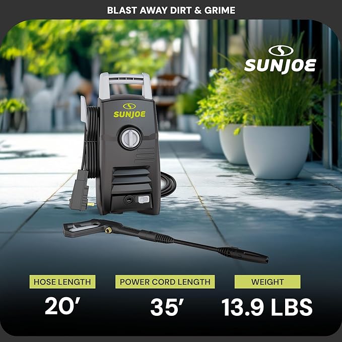 Sun Joe Electric Pressure Washer with Powerful Motor for Cars/Fences/Patios/All Uses, Safety First GFCI Power Cord, Adjustable Spray Wand & Total Stop System, 20-Foot Hose, Black, SPX205E-XT