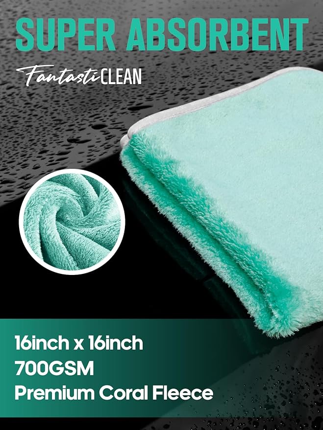 Fantasticlean Microfiber Car Detailing Towels, Car Drying Towel with Edge, Plush, Coral Fleece, 700GSM, 16" x 16", 12 Pack, Scratch-Free, Ultra Absorbent, Car RV Boat Home Cleaning (Grey and Green)