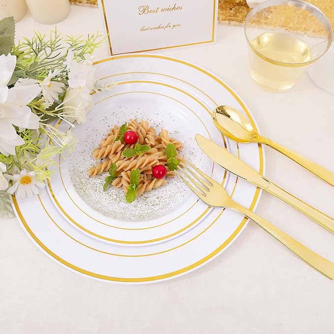 DaYammi 350PCS Gold Plastic Dinnerware Set for 50 Guests, Thanksgiving Plates Disposable, Include: 50 Dinner Plates, 50 Dessert Plates, 50 Pre Rolled Napkins with Gold Silverware, 50 Cups