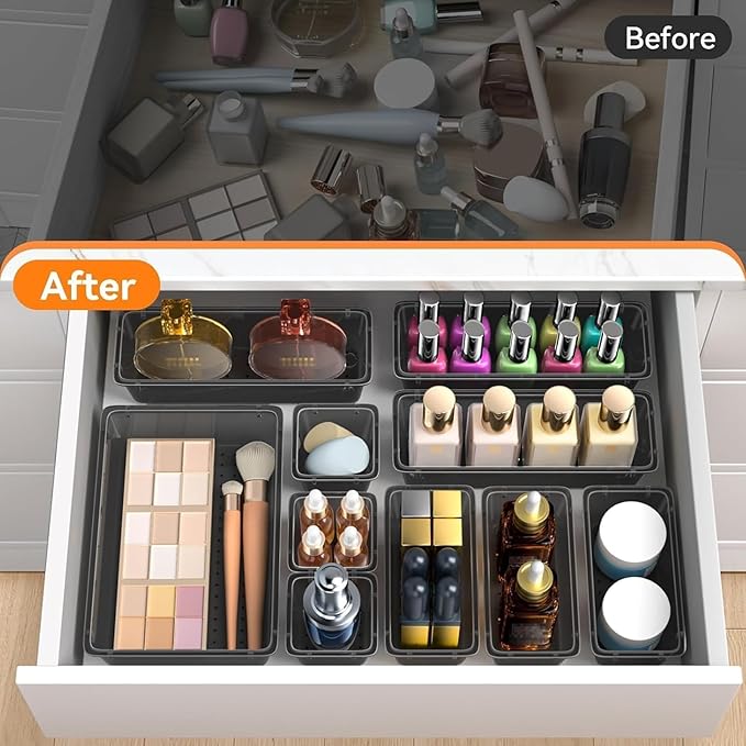 WOWBOX 8 PCS Clear Plastic Drawer Organizer Set, 4 Sizes Desk Drawer Organization and Storage Containers for Makeup, Cosmetics, Jewelry and Gadgets in Kitchen, Bathroom, Bedroom, Office, Clear Black