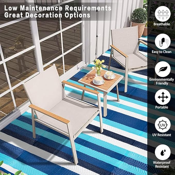 HUGEAR Outdoor Plastic Straw Rug, Waterproof Mat, Washable Large Floor Mat and Rug for Outdoors, RV, Beach, Patio, Camping, Backyard, Deck, Picnic, Indoor Outside (5x8ft,Stripe/Blue&White)