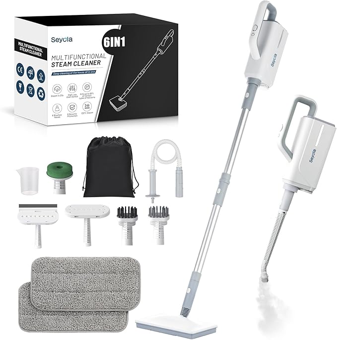 Seyola Steam Mop for Floor Cleaning, Steam Cleaner for Home with Handheld 6-in-1 Multi-function Attachments for Hardwood Floors, Clothes, Windows, Tiles Grout, Furniture Cleaning (off-white)