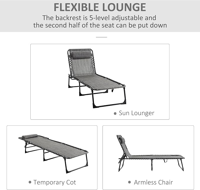 Outdoor Lounge Chair, Tanning Chair with Sunshade Roof, Adjustable Backrest Folding Chaise Lounge with Pillow Headrest for Outside, Beach, Camping, Hiking (No Sunshade Roof, Light Gray)
