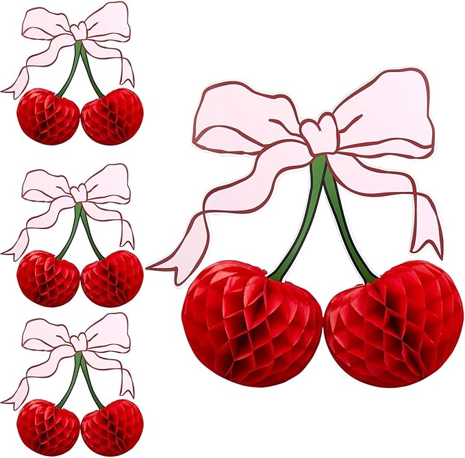 3D Cherry Bow Honeycomb Decorations, 4-Pcs 12 Inch Large Cherry Table Decorations and Cherry On Top Centerpieces, Cherry Decoration for Birthdays Party, Baby Shower & Home Cherry Decorations