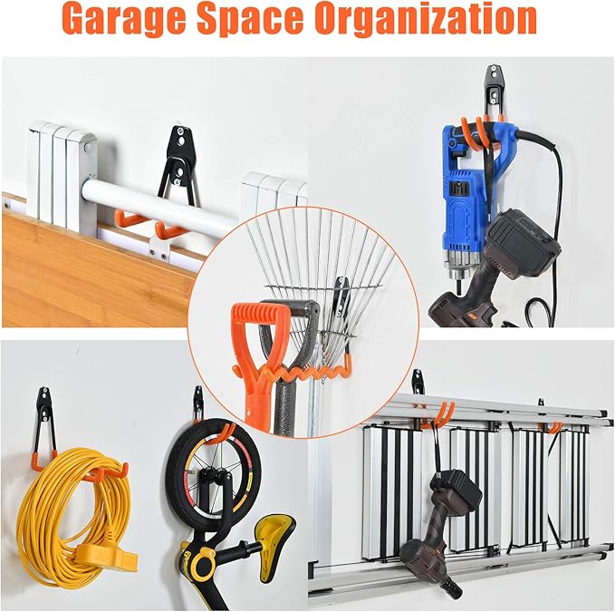 AOBEN 24PCS Garage Hooks, Heavy Duty Double Garage Hanger Organizer Wall Mount Iron Anti-Slip Garage Storage Hooks for Ladder, Power Tool,Bike,Ropes（23 Hooks & 1 hoder Strap-Gray