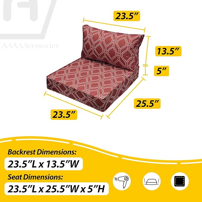 AAAAAcessories Outdoor Seat Cushions for Chairs, Fade-Resistant, Waterproof Patio Furniture Replacement Cushions, 23.5" x 25.5" x 5" + 23.5" x 13.5", Clay Red Vine Trellis