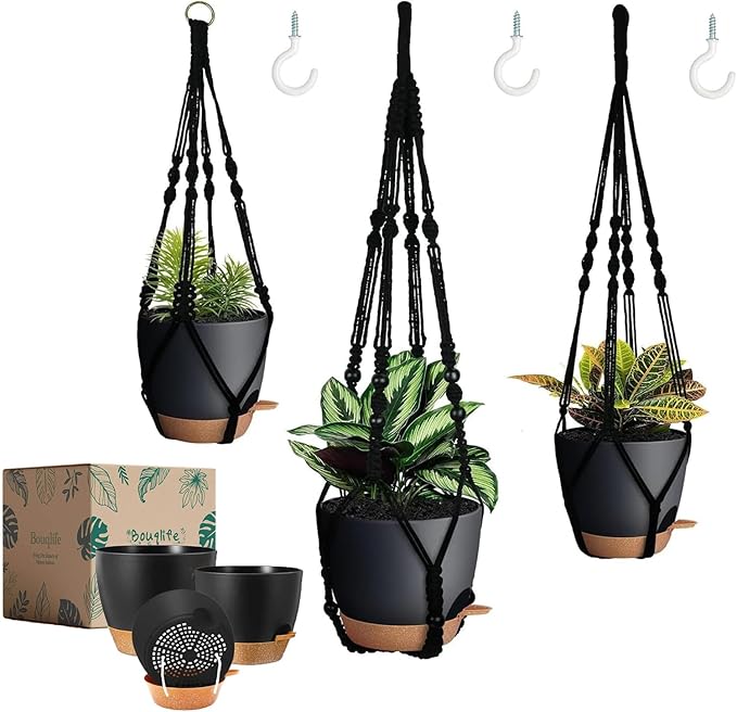 Bouqlife 3 Pack Self Watering Hanging Planters Macrame Plant Hangers with Indoor Flower Pots, 3 Different Size Hanging Basket, Plant Hanger with Hooks for Garden Home Decor Black