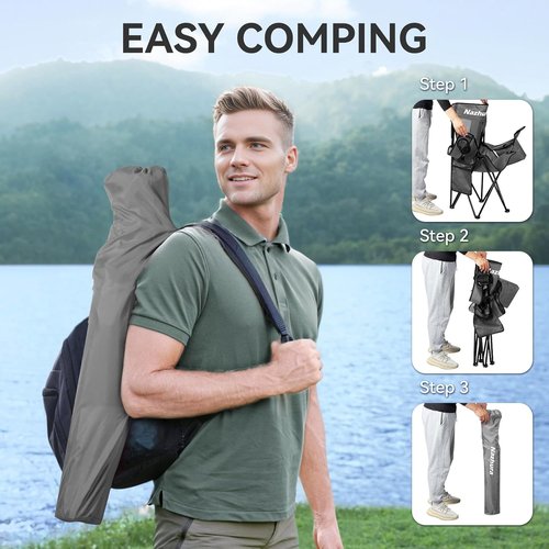 Nazhura Outdoor Camping Chairs - Portable Folding Design with Cooler Pouch & Cup Holder | Grey, 2 Pack